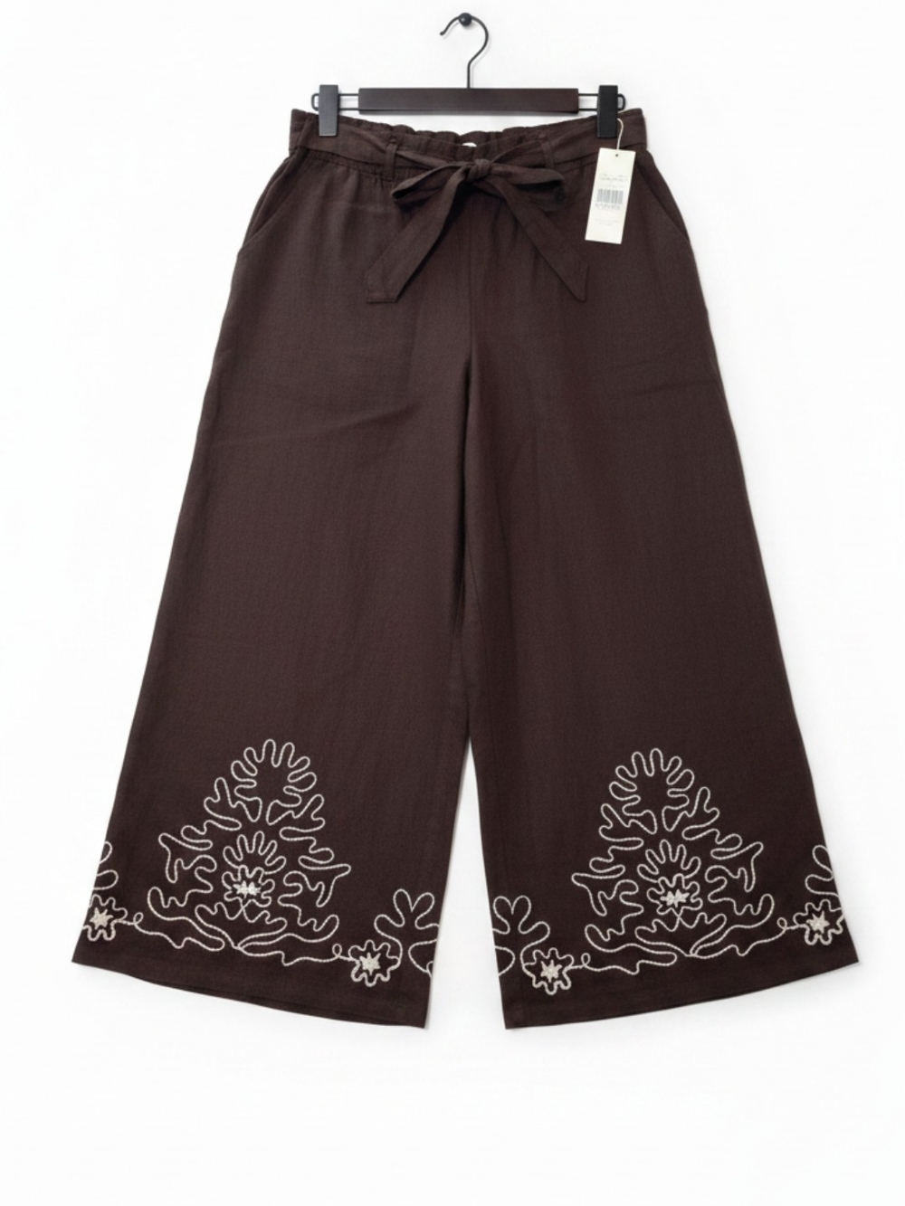🆕️ Calypso St. Barth Embroidered Brown Linen Rayon Wide Leg Pants Womens Large